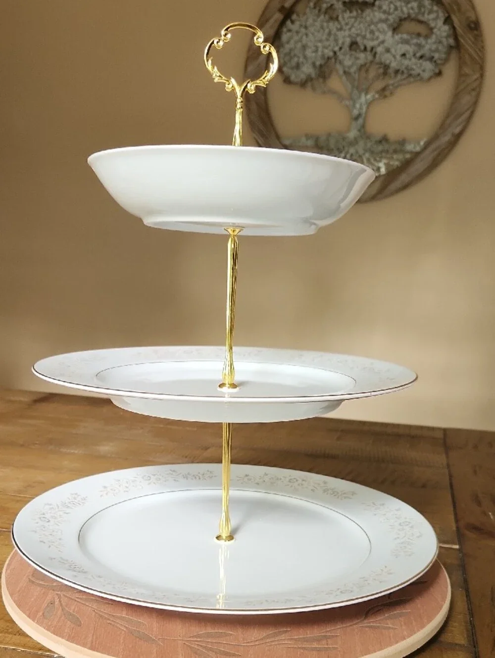 Elegant 3-Tier Gold and White Vintage Porcelain Serving Stand